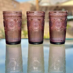 3 Pioneer Woman Adeline 16 Oz Embossed Glass Tumblers Plum Purple Vintage Design